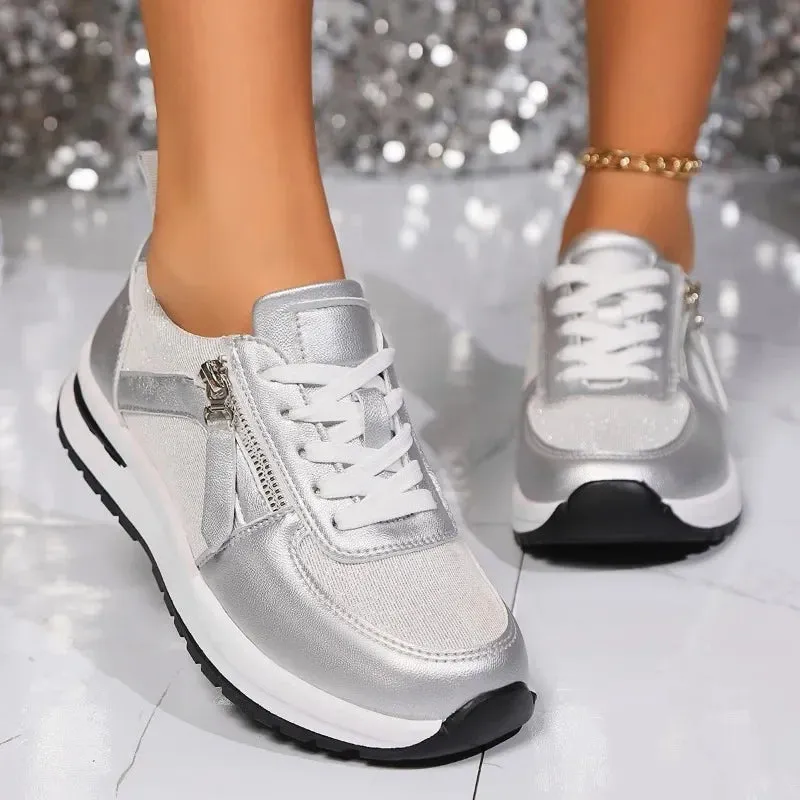 Ladies' Silver Trainers - Comfortable Sneakers with Zip Detail for Women