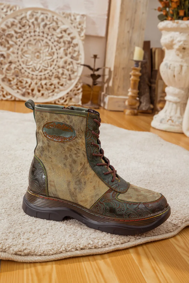 Leather Canvas Lug Sole Combat Boot