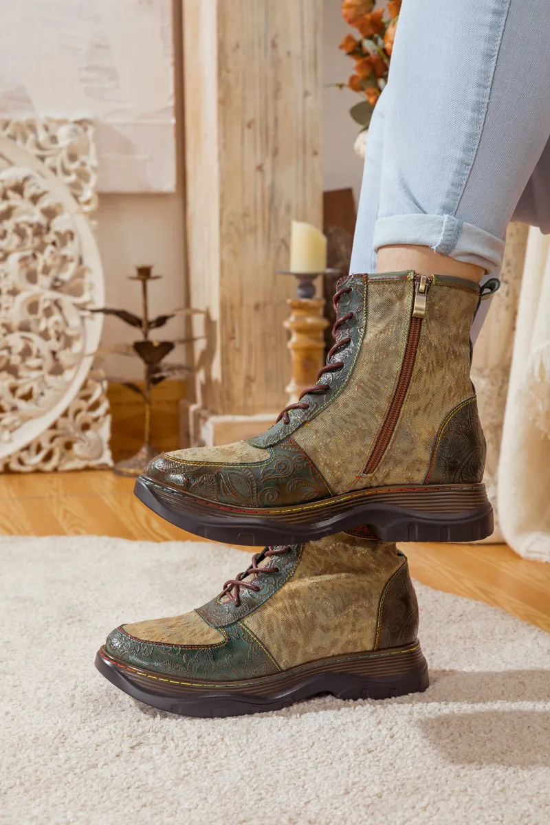 Leather Canvas Lug Sole Combat Boot
