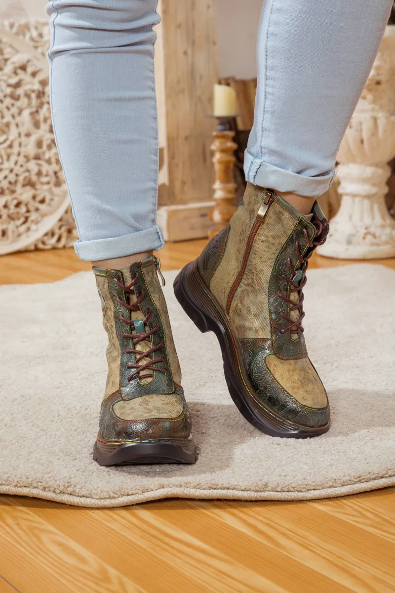 Leather Canvas Lug Sole Combat Boot