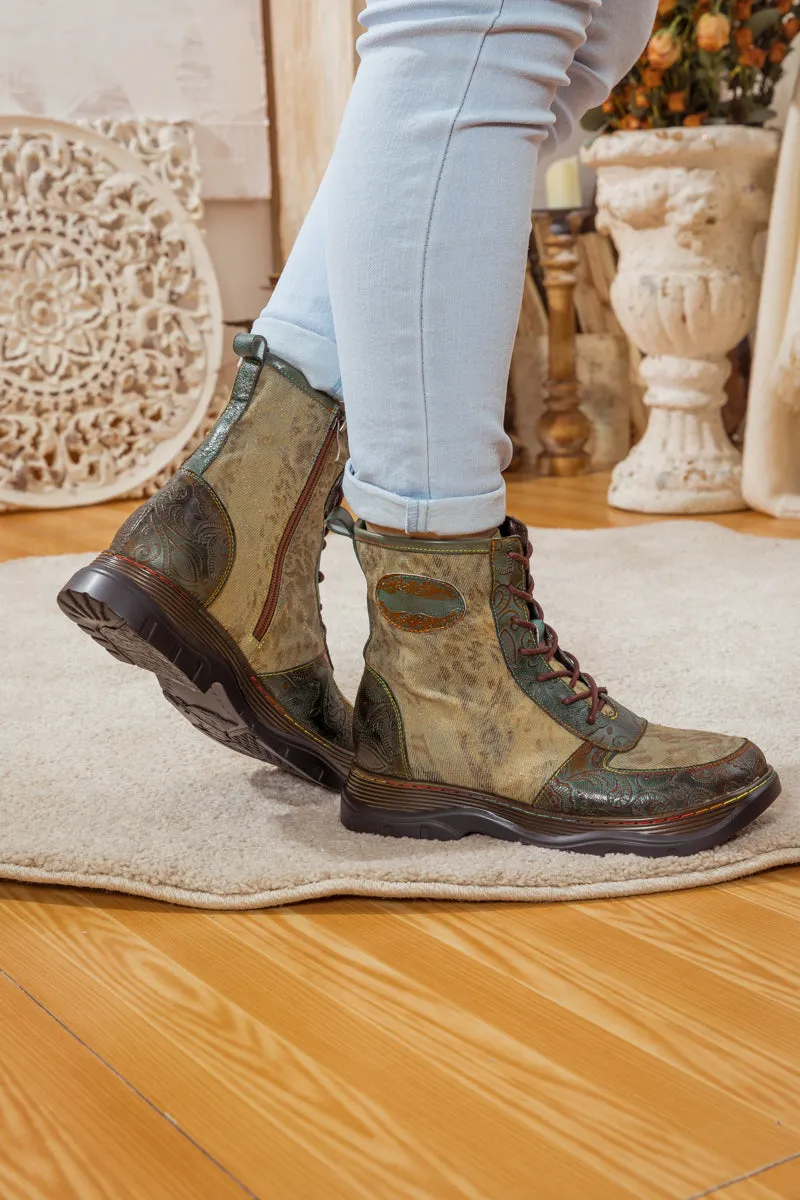 Leather Canvas Lug Sole Combat Boot