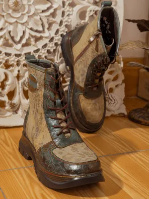 Leather Canvas Lug Sole Combat Boot