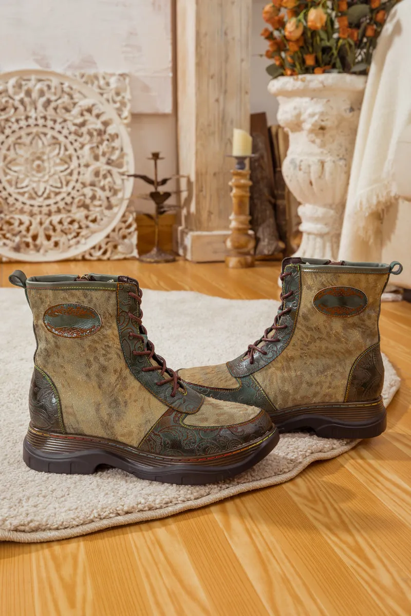 Leather Canvas Lug Sole Combat Boot