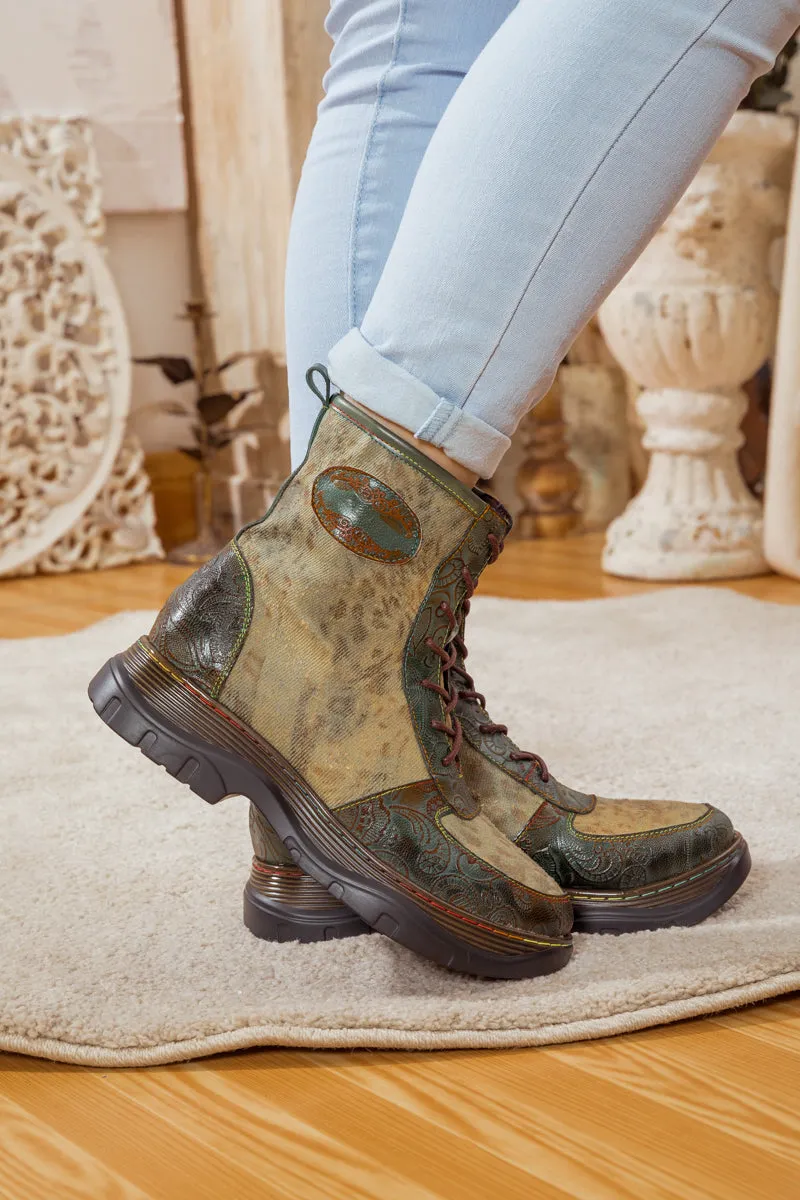 Leather Canvas Lug Sole Combat Boot