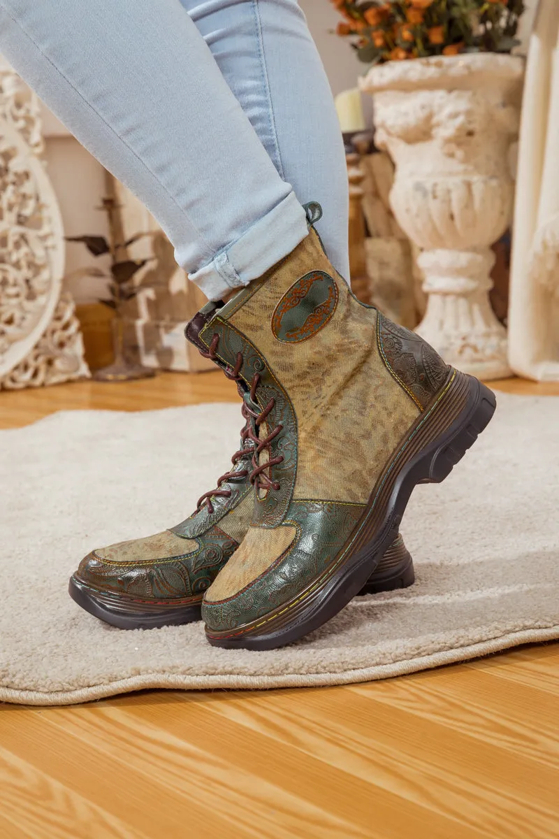Leather Canvas Lug Sole Combat Boot