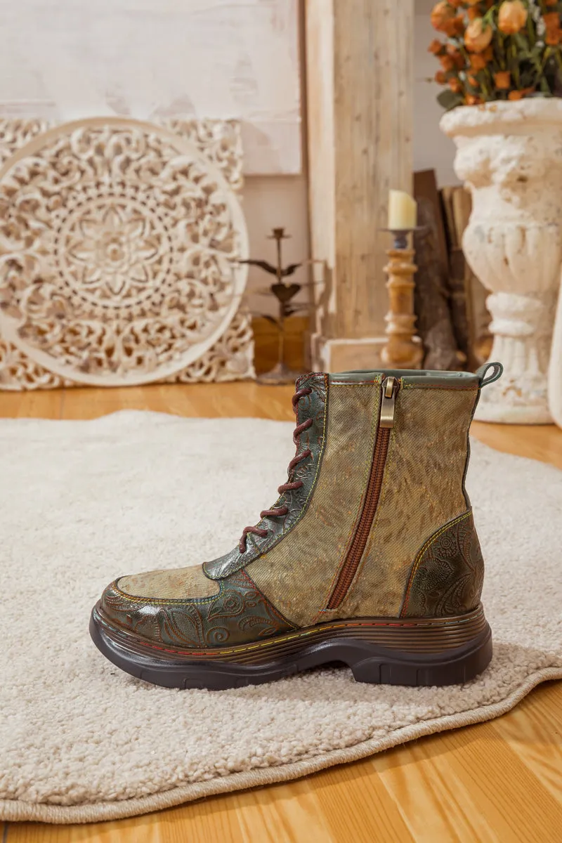 Leather Canvas Lug Sole Combat Boot