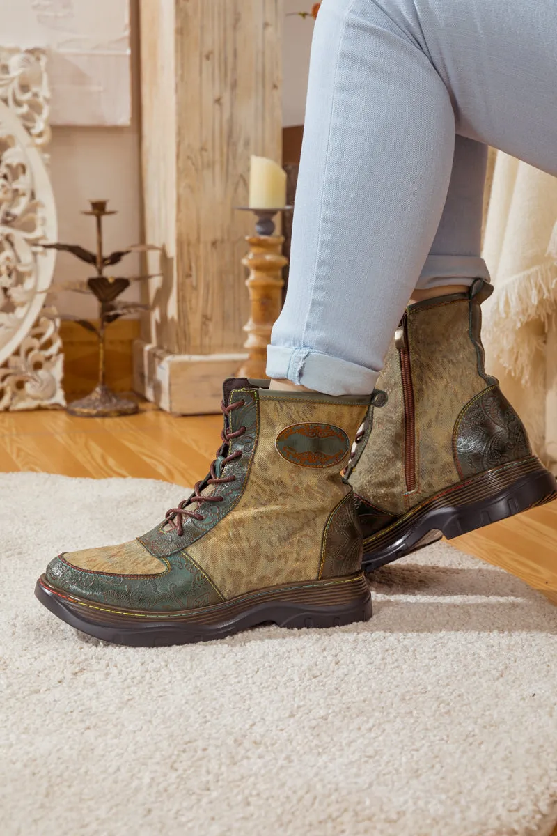 Leather Canvas Lug Sole Combat Boot