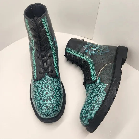Lion Mandala boots men's 12 black teal vegan leather combat bohemian king animal