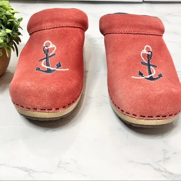 LLBean red suede anchor embroidered slip on clogs