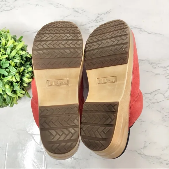LLBean red suede anchor embroidered slip on clogs
