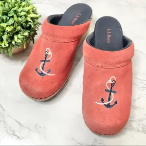 LLBean red suede anchor embroidered slip on clogs