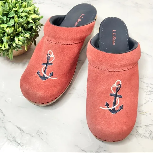 LLBean red suede anchor embroidered slip on clogs