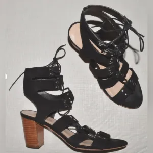 LOEFFLER RANDALL SZ 7.5 B BLACK SUEDE LEATHER CAGE GLADIATOR LACE UP SANDALS