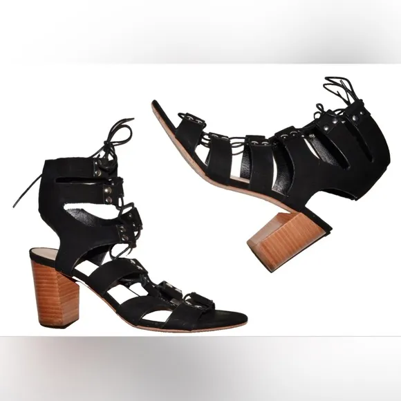LOEFFLER RANDALL SZ 7.5 B BLACK SUEDE LEATHER CAGE GLADIATOR LACE UP SANDALS
