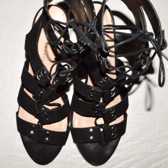 LOEFFLER RANDALL SZ 7.5 B BLACK SUEDE LEATHER CAGE GLADIATOR LACE UP SANDALS