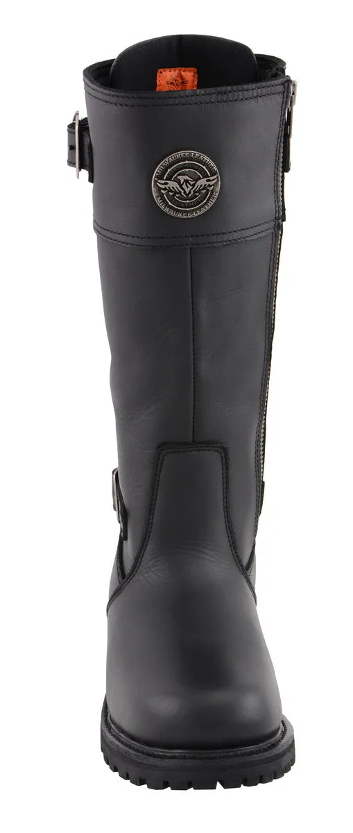 MBL9385 Women's Black 15-Inch Calf Laced Leather Riding Boots with Side Zipper