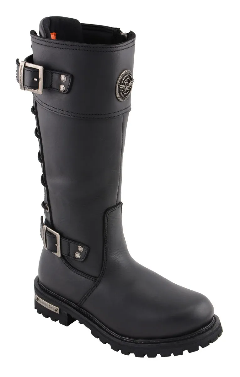 MBL9385 Women's Black 15-Inch Calf Laced Leather Riding Boots with Side Zipper