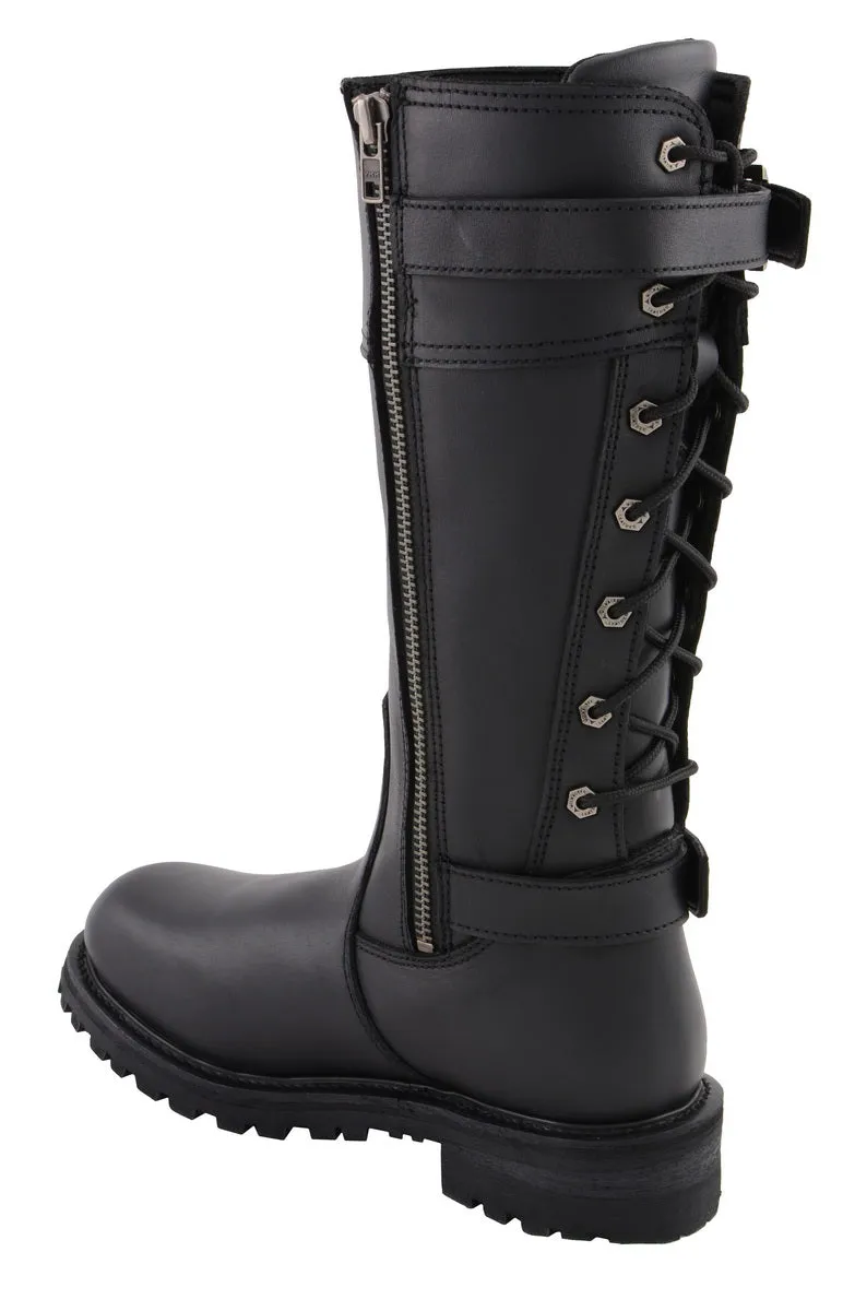 MBL9385 Women's Black 15-Inch Calf Laced Leather Riding Boots with Side Zipper