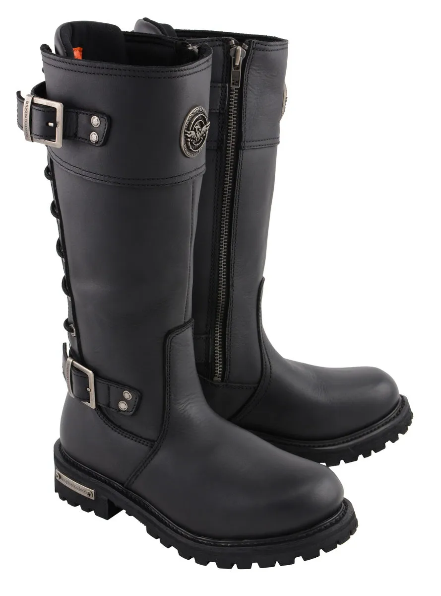 MBL9385 Women's Black 15-Inch Calf Laced Leather Riding Boots with Side Zipper