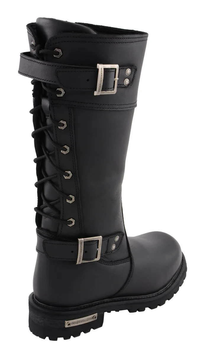 MBL9385 Women's Black 15-Inch Calf Laced Leather Riding Boots with Side Zipper