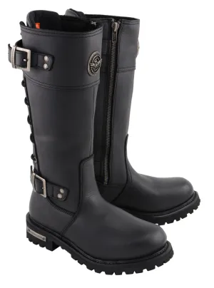 MBL9385 Women's Black 15-Inch Calf Laced Leather Riding Boots with Side Zipper