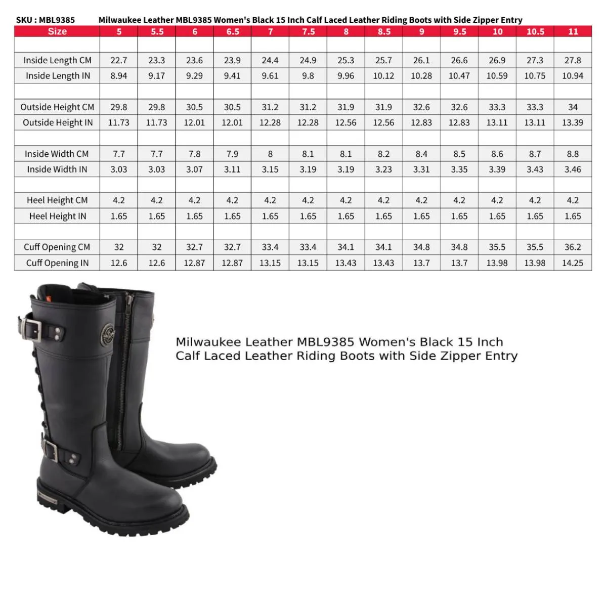 MBL9385 Women's Black 15-Inch Calf Laced Leather Riding Boots with Side Zipper