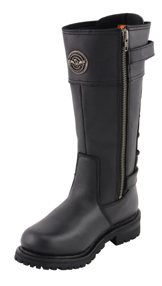 MBL9385 Women's Black 15-Inch Calf Laced Leather Riding Boots with Side Zipper