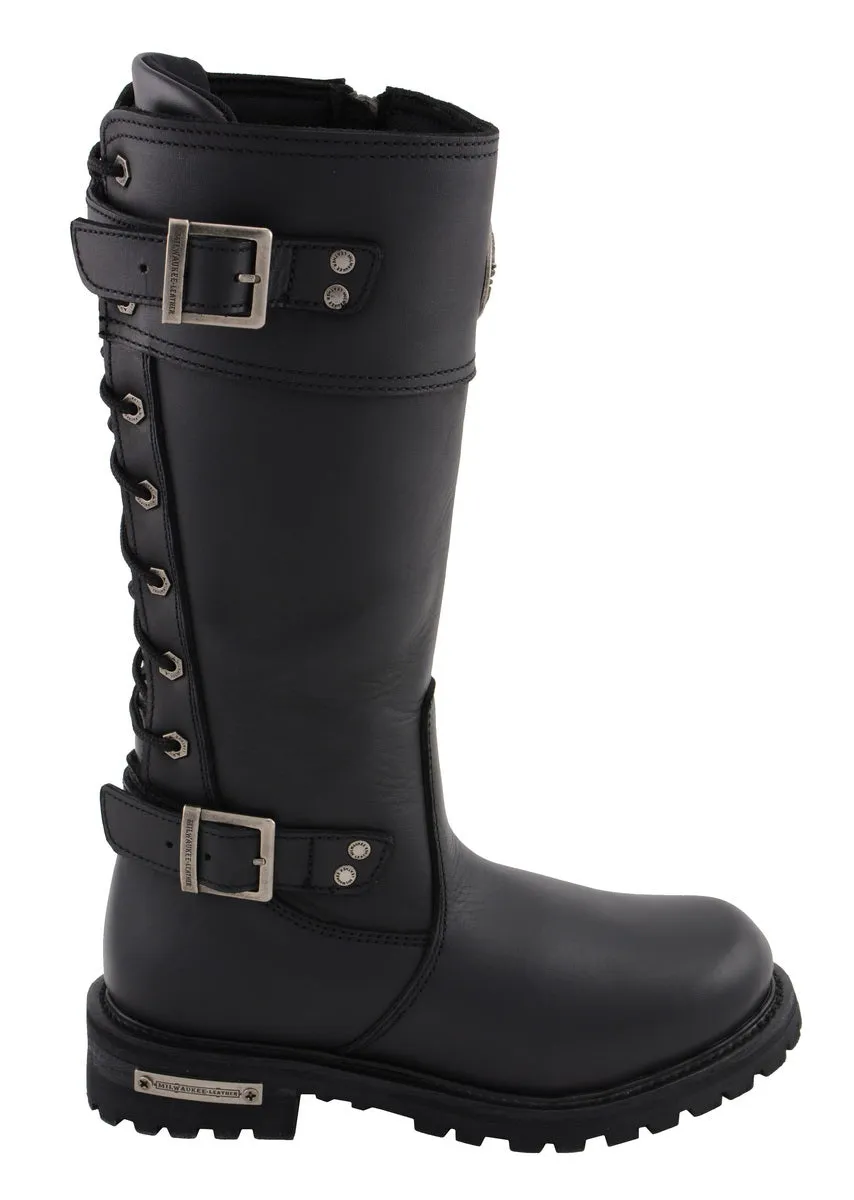 MBL9385 Women's Black 15-Inch Calf Laced Leather Riding Boots with Side Zipper