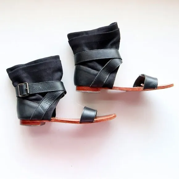 Mellow Yellow Black Leather &amp; Linen Flat Gladiator Sandals Open Toe Summer Shoes