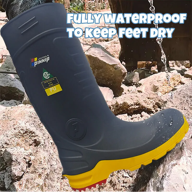 Men's CSA Approved Safety Boots - Waterproof PU Steel Toe Rubber Boots ASTM F2413-18 Acid & Oil Resistant-Gray