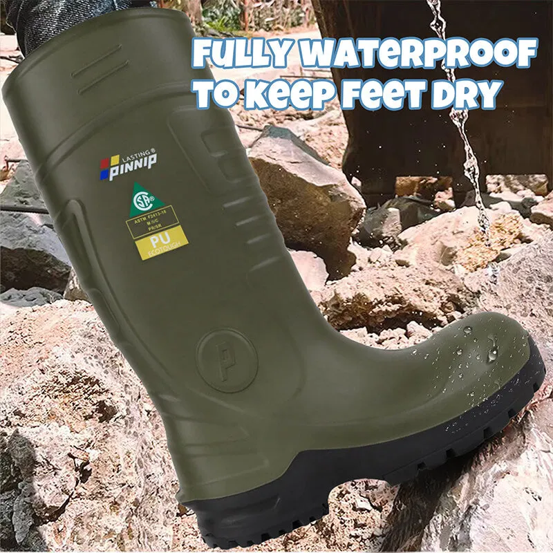 Men's CSA Approved Safety Boots - Waterproof PU Steel Toe Rubber Boots ASTM F2413-18 Acid & Oil Resistant-Green