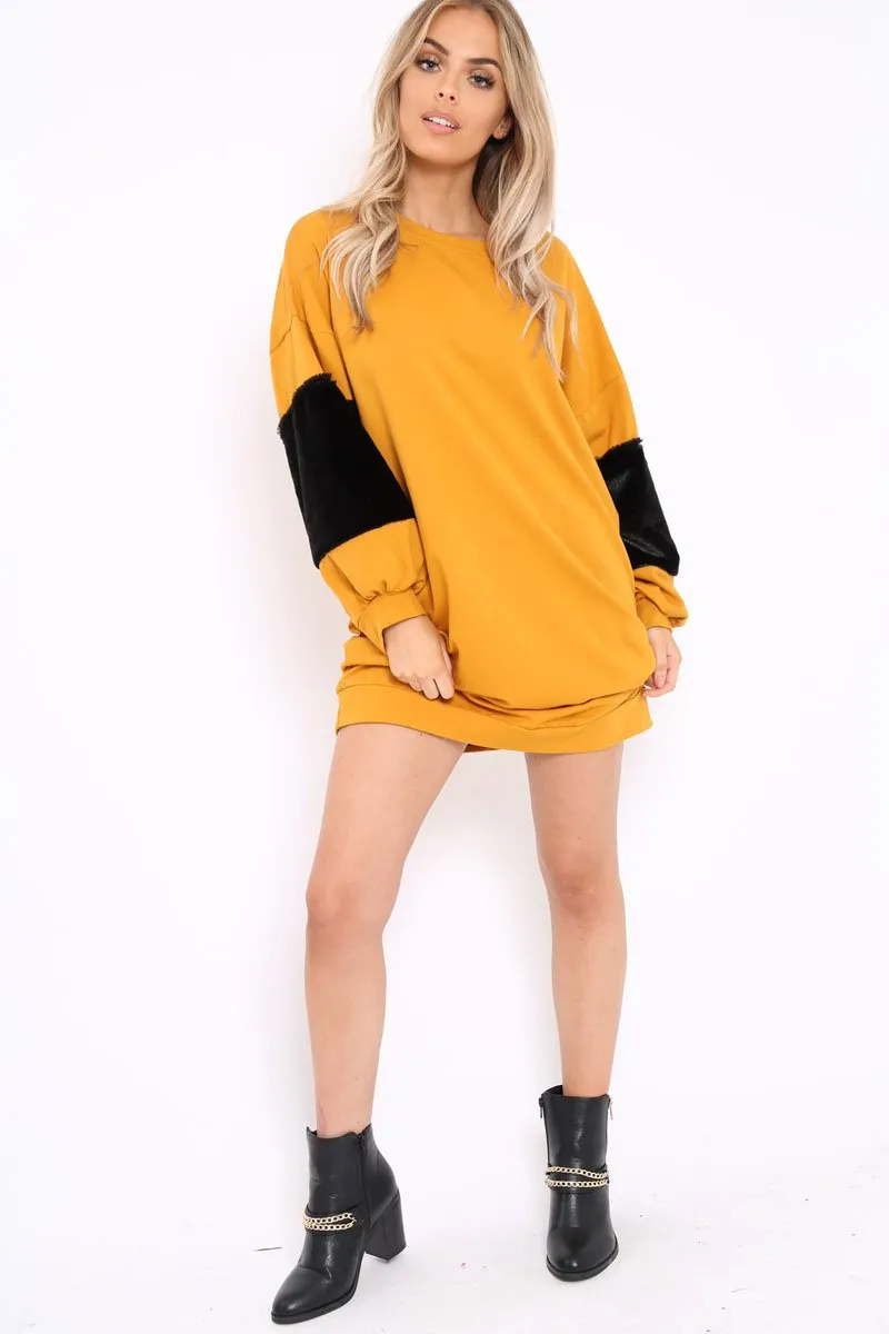 Mustard Jumper Dress with Fur Sleeves - Paris