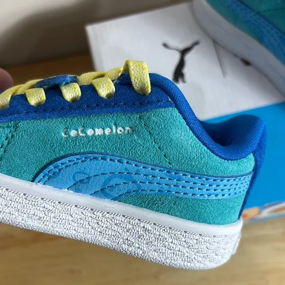 New NIB Cocomelon Puma suede baby sneakers Blue Yellow whale teddy bear