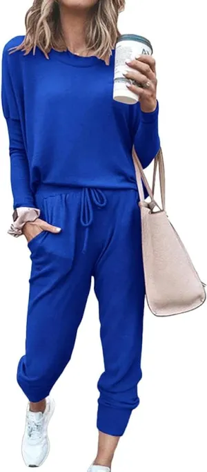 New PRETTYGARDEN Women's Two Piece Outfit Long Sleeve Crewneck Pullover Tops And Long Pants Tracksuit Royal Blue, Sz M!