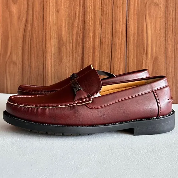 NWOT. Burgundy Leather Loafers with Moccasin Toe and Metal Bar Size 10.5