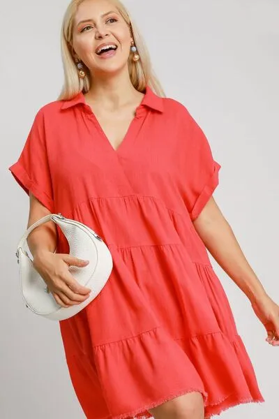 Raw Hem Folded Sleeve Tiered Dress Small up to 2XL