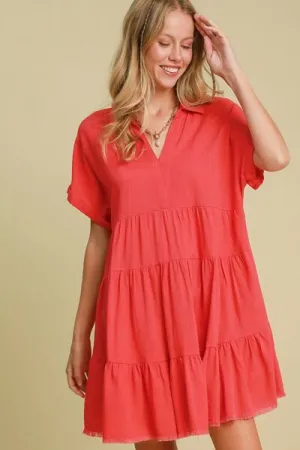 Raw Hem Folded Sleeve Tiered Dress Small up to 2XL