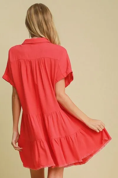 Raw Hem Folded Sleeve Tiered Dress Small up to 2XL