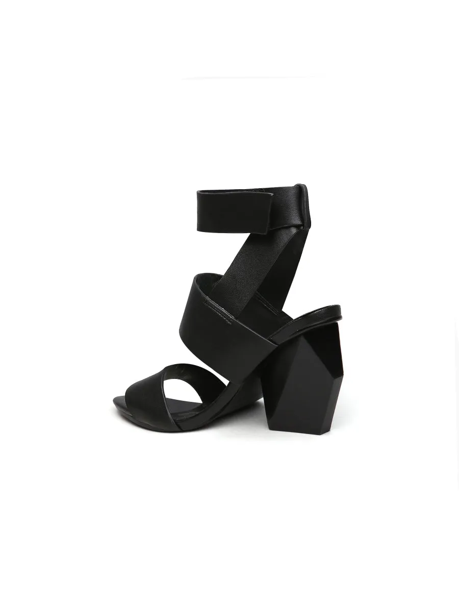Reema Block Heel Black Leather Gladiator