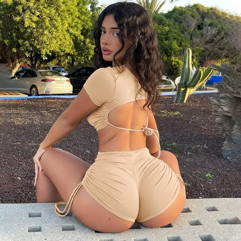 Revel Open Back Crop Top & Ruched High Waist Shorts Set
