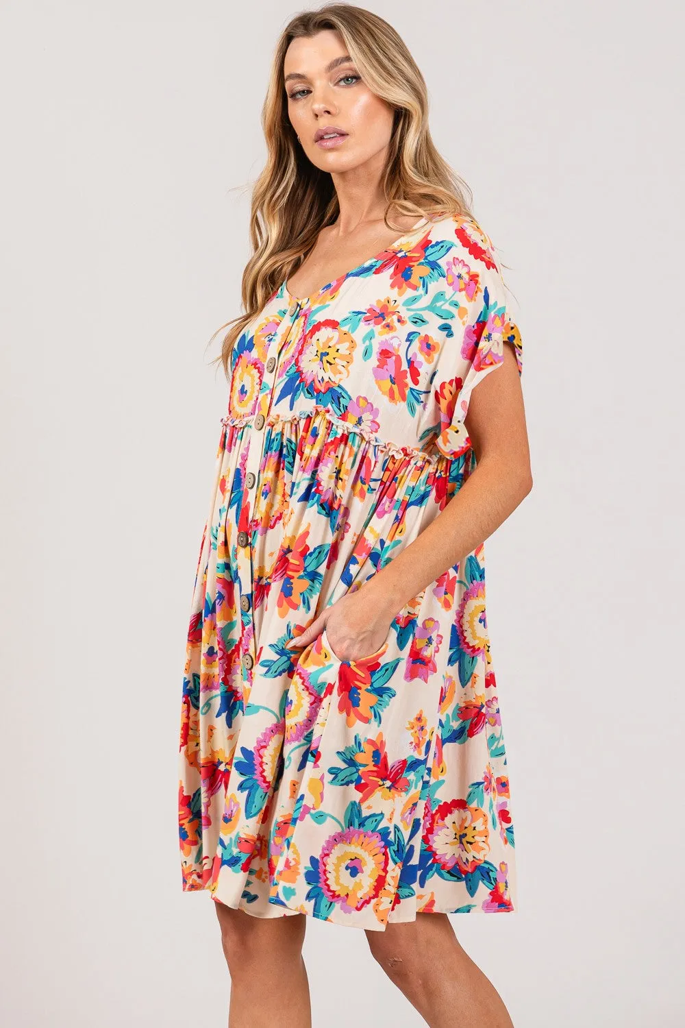 SAGE   FIG Full Size Floral Button-Down Short Sleeve Dress