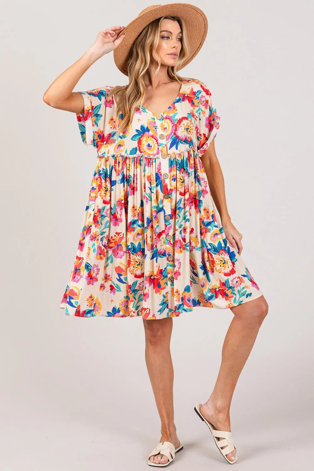 SAGE   FIG Full Size Floral Button-Down Short Sleeve Dress