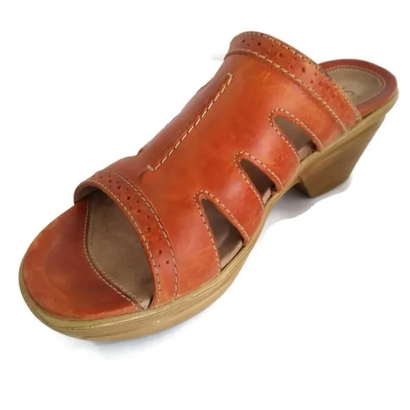 Sanita Nina Brown Leather Slip On Clogs Peekaboo Slide Sandals Size 10.5