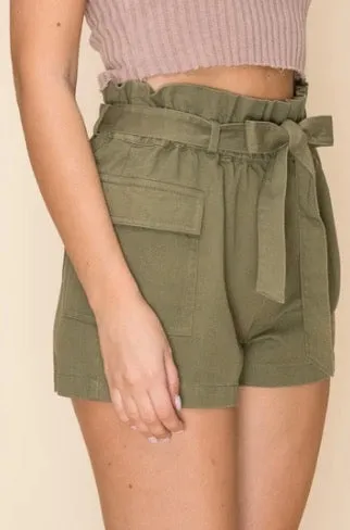 Self Belt High Waist Paper Bag Cargo Pocket Shorts