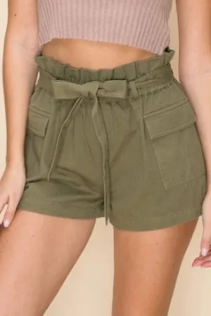 Self Belt High Waist Paper Bag Cargo Pocket Shorts