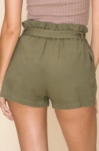 Self Belt High Waist Paper Bag Cargo Pocket Shorts