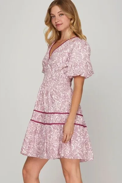 She   Sky Full Size Printed V-Neck Puff Sleeve Tiered Dress Plus Size