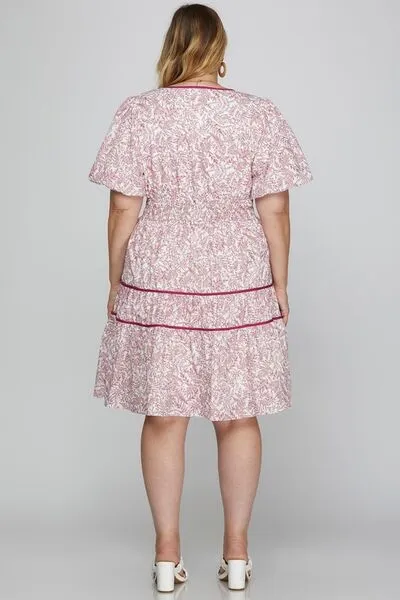 She   Sky Full Size Printed V-Neck Puff Sleeve Tiered Dress Plus Size