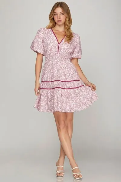 She   Sky Full Size Printed V-Neck Puff Sleeve Tiered Dress Plus Size