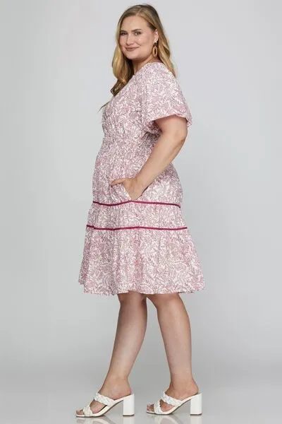 She   Sky Full Size Printed V-Neck Puff Sleeve Tiered Dress Plus Size